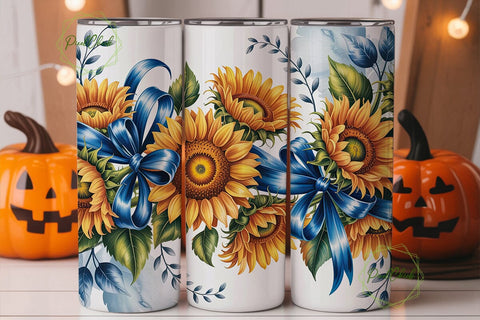 Sunflower Blue Bow Floral Tumbler Wrap Sublimation PixelChick 