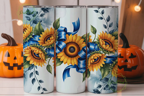 Sunflower Blue Bow Floral Tumbler Wrap Sublimation PixelChick 