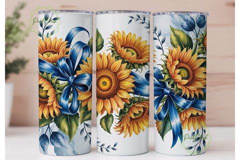 Sunflower Blue Bow Floral Tumbler Wrap Sublimation PixelChick 