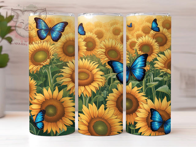 Sunflower Blue Butterfly 20oz Tumbler, Sunflower Cup Wrap, Butterfly Floral Design, Sublimation Tumbler Wrap, 20Oz Tumbler Design, Nature Inspired Cup, Elegant Butterfly Sunflower Wrap Sublimation Lara' s Designs 