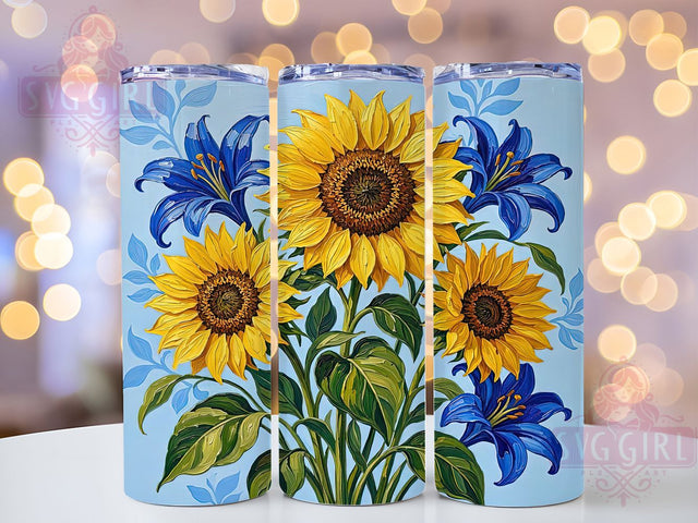 Sunflower & Blue Lily 20oz Tumbler, Sunflower Lily, Blue Floral, Vintage Style, Sublimation Wrap, 20oz Tumbler, Botanical Aesthetic, Rustic Design Sublimation SvggirlplusArt 
