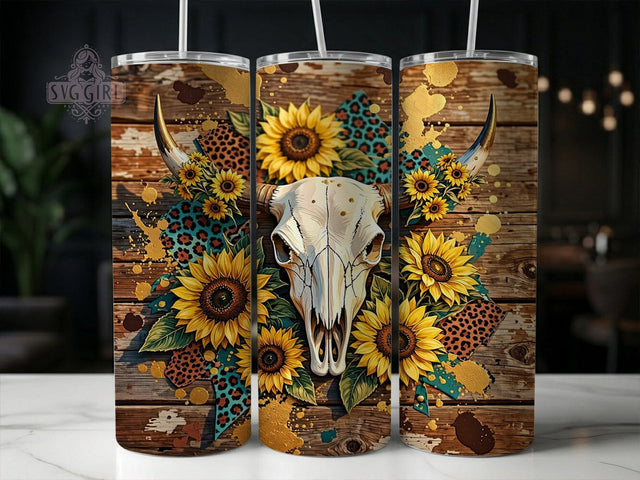 Sunflower Bull Skull 20oz Tumbler, Sunflower bull skull, Western tumbler wrap, 20oz skinny tumbler, Bull skull design, Sublimation tumbler wrap, Sunflower western print, Boho skull pattern Sublimation SvggirlplusArt 