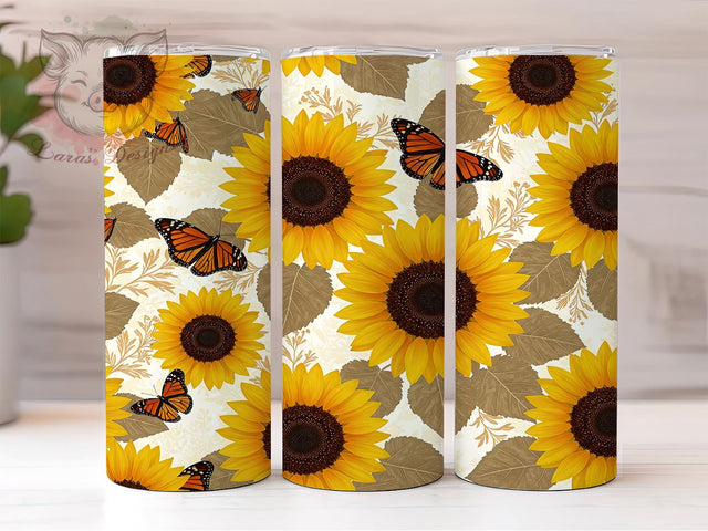 Sunflower Butterfly 20oz Tumbler, Seamless Spring Design, 20oz Sublimation Wrap, Floral Drinkware, Custom Sunflower Tumbler, Colorful Butterfly Decor, Spring Nature Gift Sublimation Lara' s Designs 