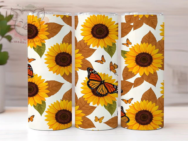 Sunflower Butterfly 20oz Tumbler, Seamless Spring Design, 20oz Sublimation Wrap, Floral Drinkware, Custom Sunflower Tumbler, Colorful Butterfly Decor, Spring Nature Gift Sublimation Lara' s Designs 