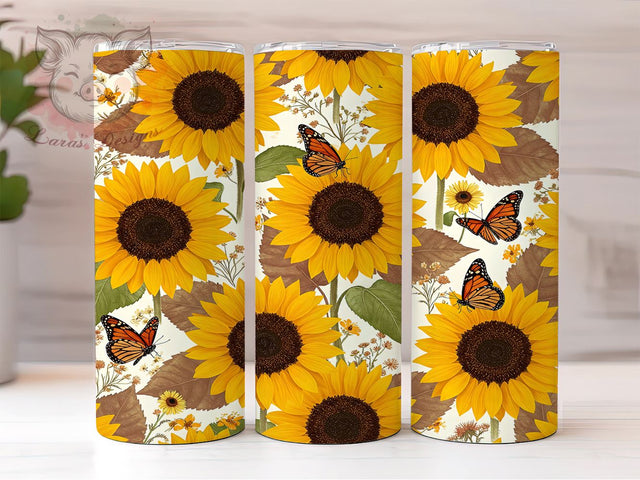 Sunflower Butterfly 20oz Tumbler, Seamless Spring Design, 20oz Sublimation Wrap, Floral Drinkware, Custom Sunflower Tumbler, Colorful Butterfly Decor, Spring Nature Gift Sublimation Lara' s Designs 
