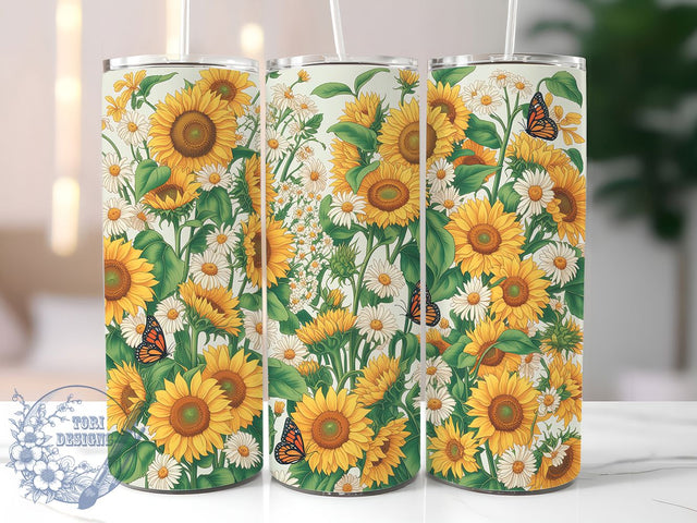 Sunflower Butterfly 20oz Tumbler, Spring Seamless, Floral Tumbler, Nature Sublimation, Inspirational Wrap Design, Colorful PNG, 20oz Tumbler Wrap Sublimation ToriDesigns 