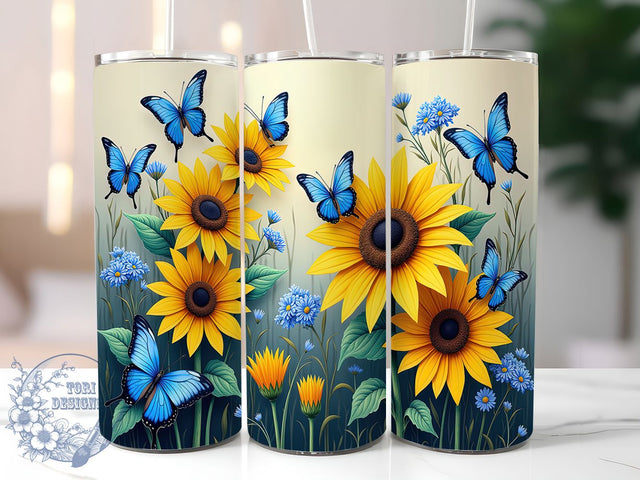 Sunflower Butterfly 20oz Tumbler Wrap, Blue Butterfly Mug, Floral Aesthetic Cup, Nature Inspired Design, Bright Summer Wrap, Whimsical Garden Gift, Sublimation Tumbler Wrap Sublimation ToriDesigns 