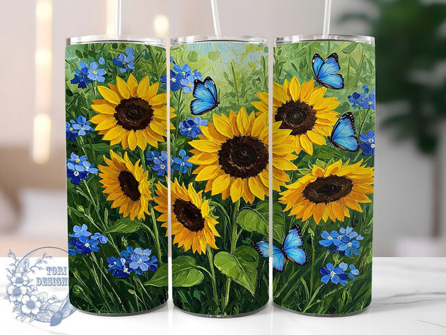 Sunflower Butterfly 20oz Tumbler Wrap, Blue Butterfly Mug, Floral Aesthetic Cup, Nature Inspired Design, Bright Summer Wrap, Whimsical Garden Gift, Sublimation Tumbler Wrap Sublimation ToriDesigns 