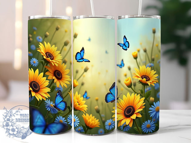 Sunflower Butterfly 20oz Tumbler Wrap, Blue Butterfly Mug, Floral Aesthetic Cup, Nature Inspired Design, Bright Summer Wrap, Whimsical Garden Gift, Sublimation Tumbler Wrap Sublimation ToriDesigns 