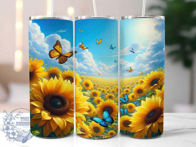 Sunflower Butterfly Floral Tumbler, Butterfly Art, Floral Design, Sublimation Art, 20oz Tumbler, Nature Theme, Bold Pattern Sublimation ToriDesigns 
