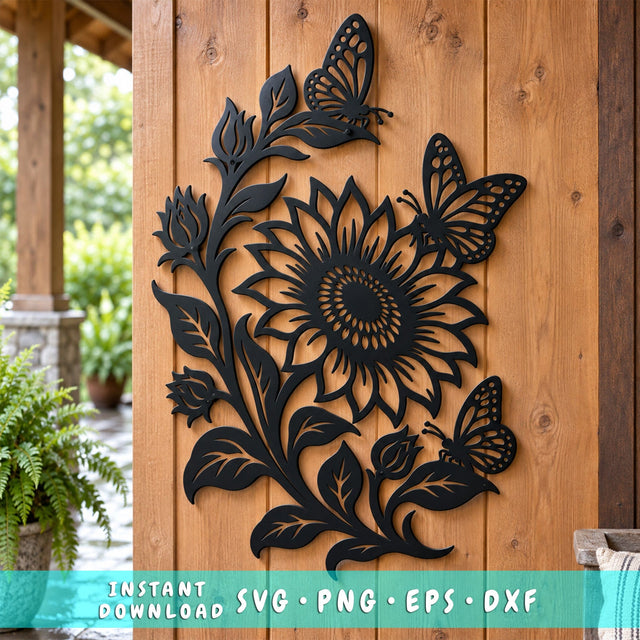 Sunflower Butterfly Laser SVG | Metal Flower DXF | Butterfly Floral CNC File | Garden Wall Art Cut File | Plasma Cut Design SVG HappyDesignStudio 