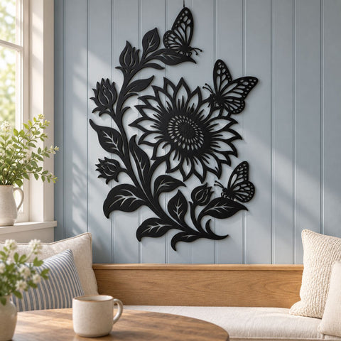 Sunflower Butterfly Laser SVG | Metal Flower DXF | Butterfly Floral CNC File | Garden Wall Art Cut File | Plasma Cut Design SVG HappyDesignStudio 