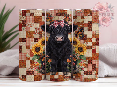 Sunflower Calf Patch 20oz Tumbler, Highland Calf, Fluffy Black Calf, Whimsical Composition, Stylized Illustration, Skinny Tumbler, Sublimation PNG Sublimation Li Zamperini 