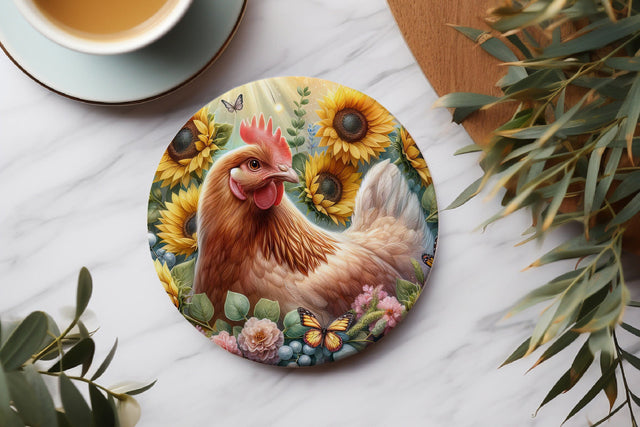 Sunflower Chicken Farmhouse Round Coaster Sublimation PNG Sublimation BijouBay 