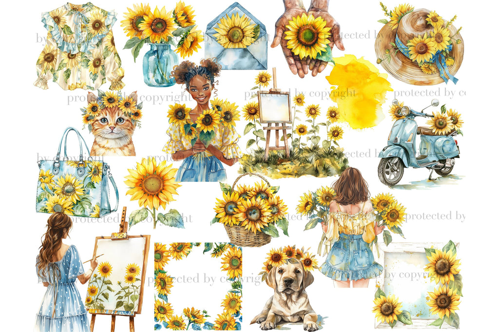 Sunflower Clipart Bundle | Summer Graphics PNG Set - So Fontsy