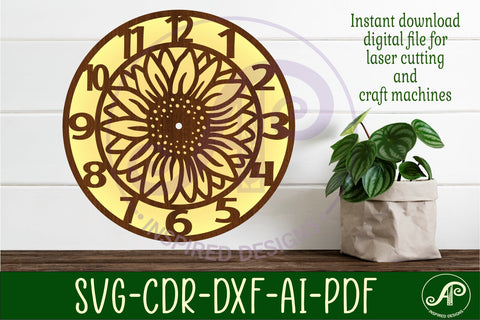 Sunflower clock wall clock laser cut files, SVG SVG APInspireddesigns 