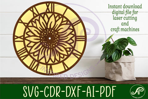 Sunflower clock wall clock laser cut files, SVG SVG APInspireddesigns 