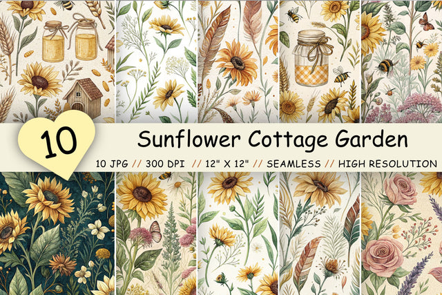 Sunflower Cottage Garden Digital Paper, Seamless Watercolor Floral Pattern Pack, Printable Scrapbook Paper, Summer Botanical Design Bundle Digital Pattern FloridPrintables 