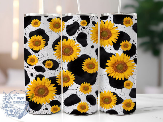 Sunflower Cow Print Tumbler Wrap, Sunflower Design, Farm Style Gift, Cowhide Pattern, Sublimation Template, 20oz Tumbler Wrap, Country Design Sublimation ToriDesigns 