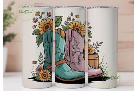 Sunflower Cowboy Boots 20oz Tumbler Wrap Sublimation PixelChick 