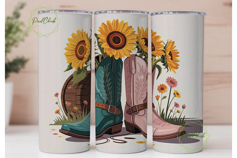 Sunflower Cowboy Boots 20oz Tumbler Wrap Sublimation PixelChick 