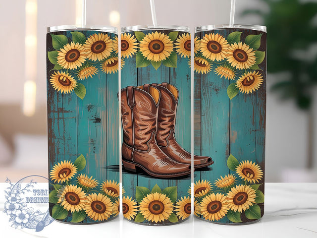 Sunflower Cowgirl Leopard Tumbler, Sunflower Design, Country Girl Gift, Leopard Print Wrap, Cowgirl Tumbler Art, Rustic Wood Design, Boot Lover Gift Sublimation ToriDesigns 