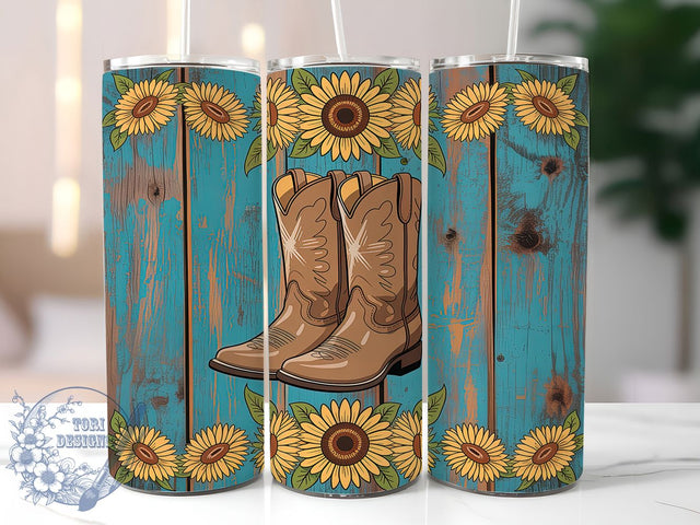 Sunflower Cowgirl Leopard Tumbler, Sunflower Design, Country Girl Gift, Leopard Print Wrap, Cowgirl Tumbler Art, Rustic Wood Design, Boot Lover Gift Sublimation ToriDesigns 