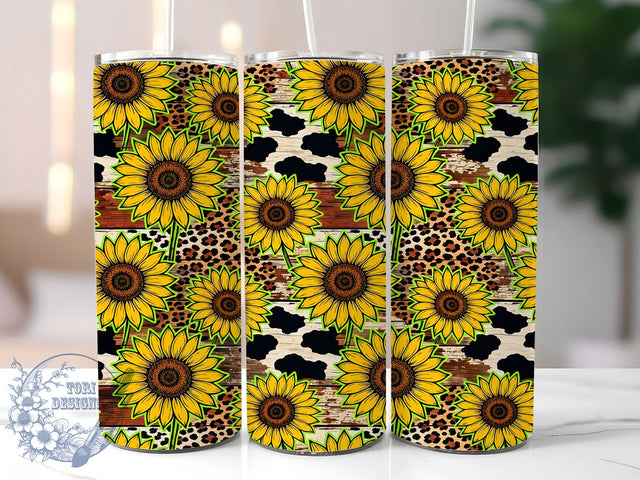 Sunflower Cowhide 20oz Tumbler, Sunflower cowhide, Western tumbler wrap, 20oz skinny tumbler, Cowhide print design, Sunflower tumbler design, Sublimation tumbler wrap, Western sunflower print Sublimation ToriDesigns 