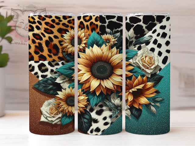 Sunflower Cowhide Leopard Tumbler, Cowhide Leopard Wrap, 20oz Sublimation Design, Western Tumbler, Leopard Print Cup, Boho Sunflower Tumbler, Animal Print Tumbler Sublimation Lara' s Designs 