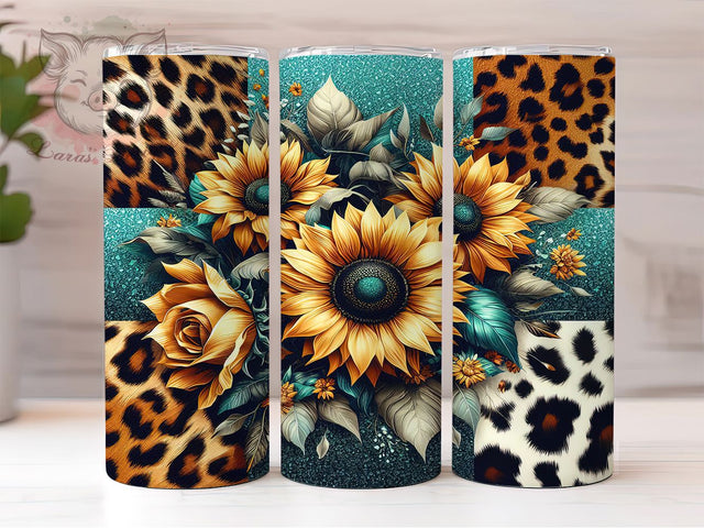 Sunflower Cowhide Leopard Tumbler, Cowhide Leopard Wrap, 20oz Sublimation Design, Western Tumbler, Leopard Print Cup, Boho Sunflower Tumbler, Animal Print Tumbler Sublimation Lara' s Designs 