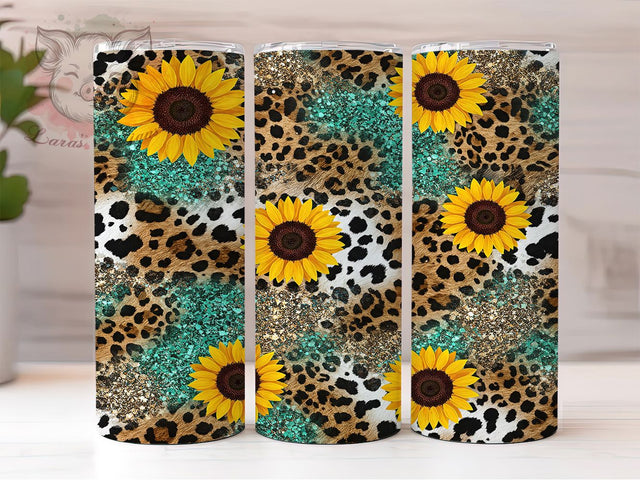 Sunflower Cowhide Leopard Tumbler, Cowhide Leopard Wrap, 20oz Sublimation Design, Western Tumbler, Leopard Print Cup, Boho Sunflower Tumbler, Animal Print Tumbler Sublimation Lara' s Designs 
