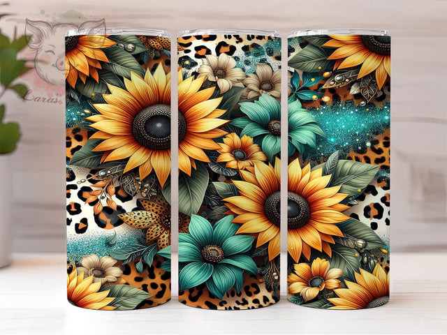 Sunflower Cowhide Leopard Tumbler, Cowhide Tumbler, Leopard Print Tumbler, 20oz Sublimation Design, Rustic Tumbler Wrap, Floral and Animal Print, Country Chic Tumbler Sublimation Lara' s Designs 
