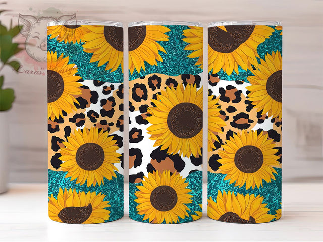 Sunflower Cowhide Leopard Western Tumbler, Cowhide Tumbler, Leopard Print Tumbler, Western Tumbler, Boho Tumbler, 20oz Sublimation Wrap, Country Tumbler Sublimation Lara' s Designs 