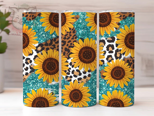 Sunflower Cowhide Leopard Western Tumbler, Cowhide Tumbler, Leopard Print Tumbler, Western Tumbler, Boho Tumbler, 20oz Sublimation Wrap, Country Tumbler Sublimation Lara' s Designs 