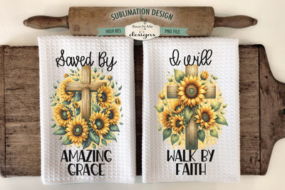 Sunflower Cross Kitchen Towel Sublimation Designs Sublimation Ewe-N-Me Designs 