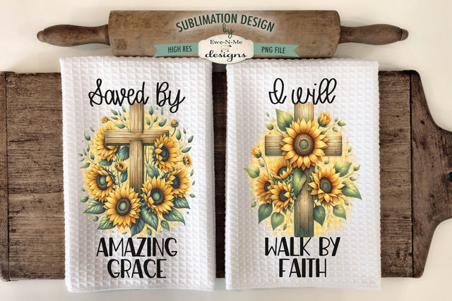 Sunflower Cross Kitchen Towel Sublimation Designs Sublimation Ewe-N-Me Designs 