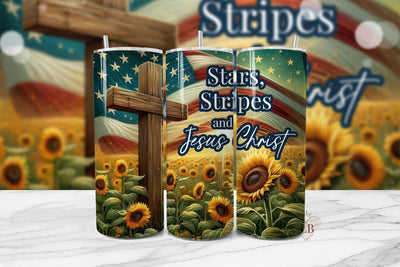 Sunflower Cross Tumbler Wrap PNG, Christian Patriotic PNG Sublimation BijouBay 