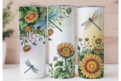 Sunflower Dragonfly Floral 20oz Tumbler Sublimation PixelChick 