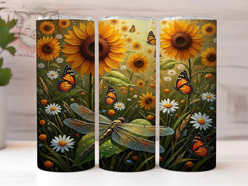 Sunflower Dragonfly Floral Tumbler, Sunflower Bloom, Floral Design, Nature Theme, Vibrant Pattern, 20Oz Tumbler, Sublimation Wrap Sublimation Lara' s Designs 