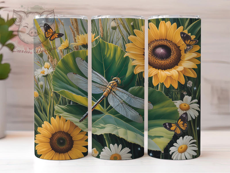 Sunflower Dragonfly Floral Tumbler, Sunflower Bloom, Floral Design, Nature Theme, Vibrant Pattern, 20Oz Tumbler, Sublimation Wrap Sublimation Lara' s Designs 