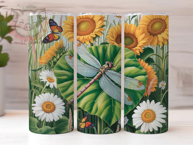 Sunflower Dragonfly Floral Tumbler, Sunflower Bloom, Floral Design, Nature Theme, Vibrant Pattern, 20Oz Tumbler, Sublimation Wrap Sublimation Lara' s Designs 