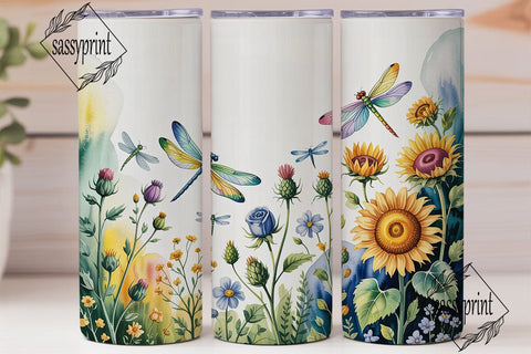 Sunflower Dragonfly Floral Tumbler Wrap Sublimation sassyprint 