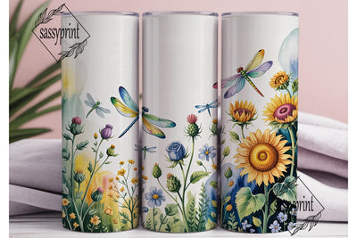 Sunflower Dragonfly Floral Tumbler Wrap Sublimation sassyprint 