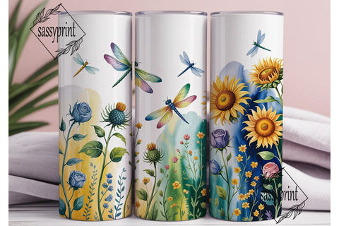 Sunflower Dragonfly Floral Tumbler Wrap Sublimation sassyprint 