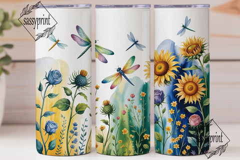 Sunflower Dragonfly Floral Tumbler Wrap Sublimation sassyprint 