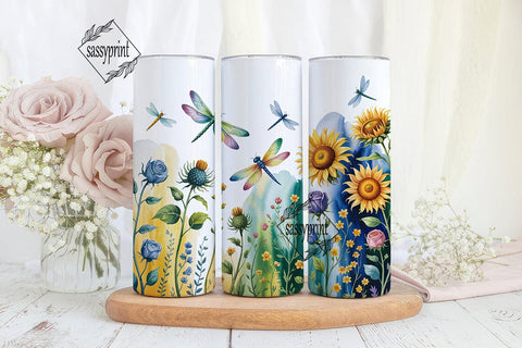 Sunflower Dragonfly Floral Tumbler Wrap Sublimation sassyprint 