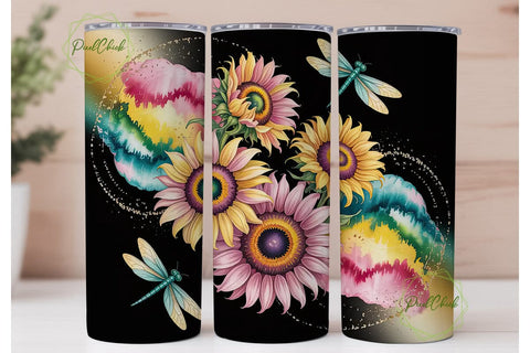 Sunflower Dragonfly Tumbler Wrap Sublimation PixelChick 