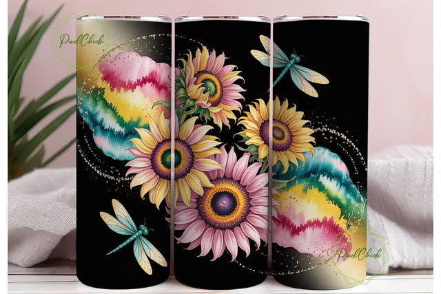 Sunflower Dragonfly Tumbler Wrap Sublimation PixelChick 
