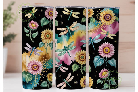 Sunflower Dragonfly Tumbler Wrap Sublimation PixelChick 