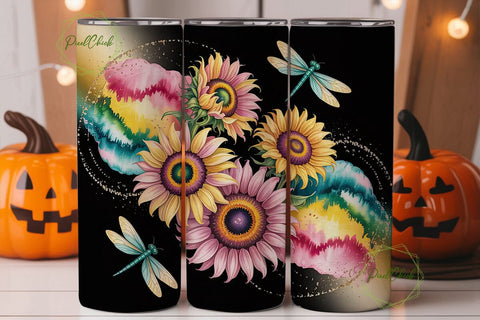 Sunflower Dragonfly Tumbler Wrap Sublimation PixelChick 